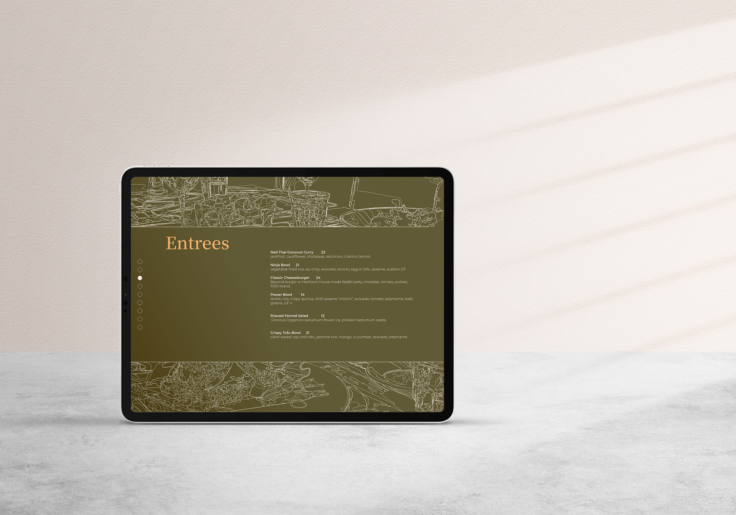 Young woman reading a vertical restaurant menu mockup. Gather Evonne Tran